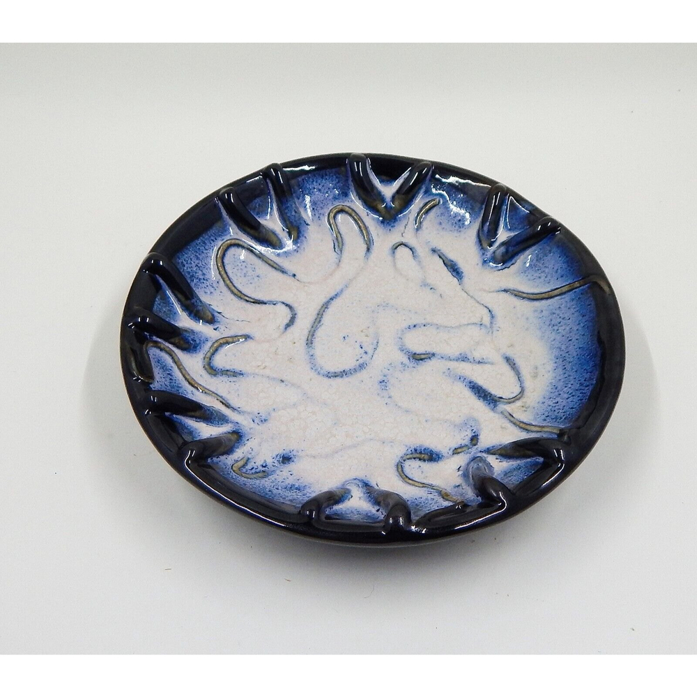 Studio Art Pottery Blue and White Glaze Trinket Candy Vanity Dish Signed